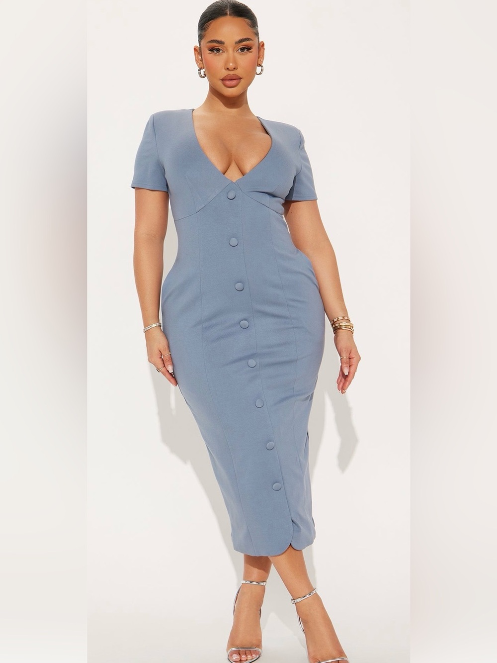 Fashion Nova Dusty Blue V-Neck Button Midi Dress